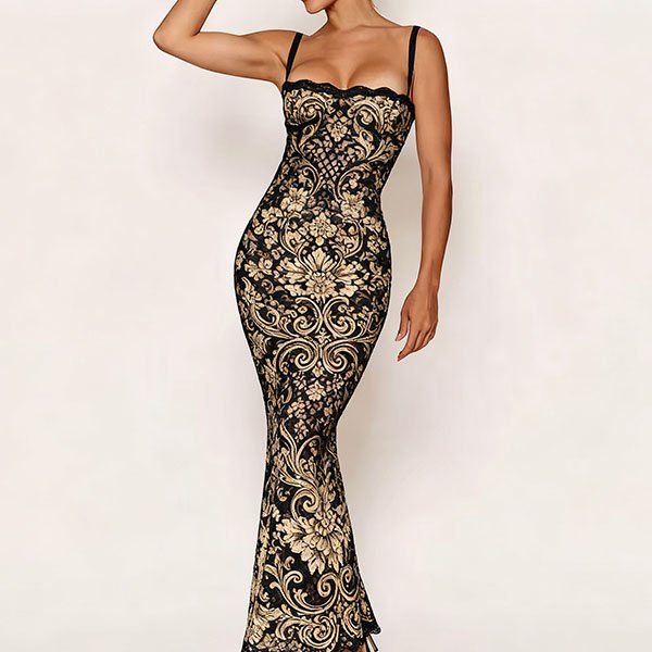 Women's party bodysuit sleeveless gold-embellished long dress